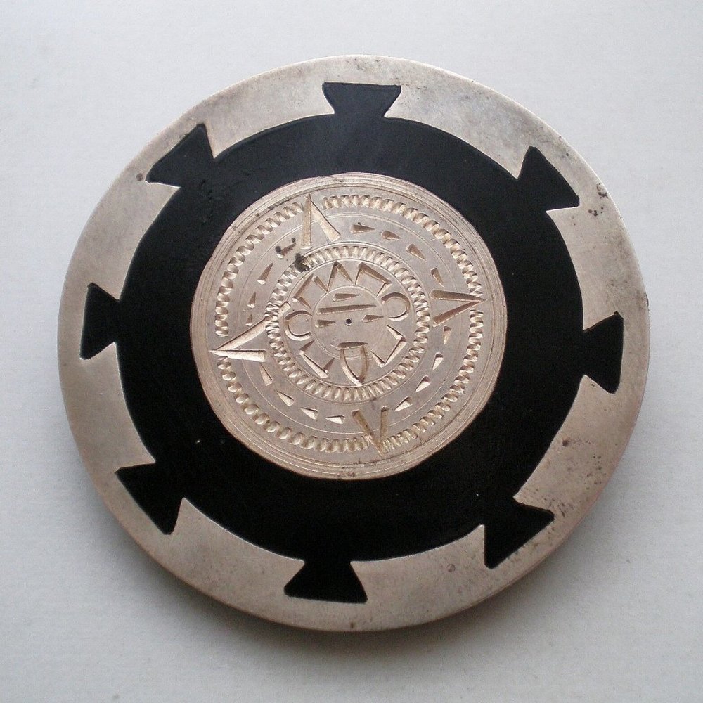 Vintage Mexican Mexico Designer Sterling Silver 925 Black Enamel Pin Brooch